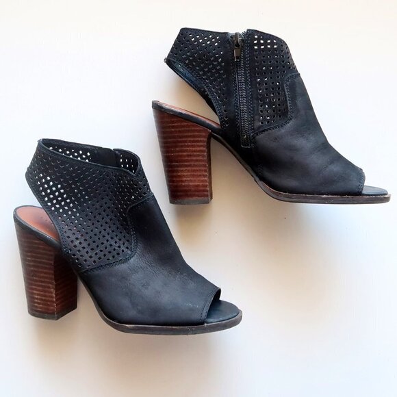 Lucky Brand Black Nubuck Perforated Leather Block Heel Open Toe Bootie Shoes 7.5 - Picture 16 of 16